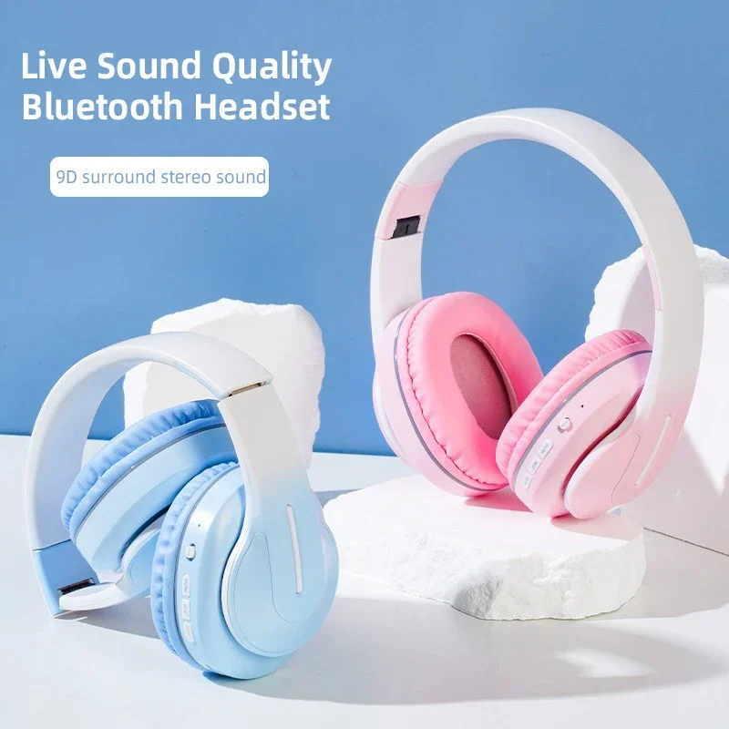 Headphone Nirkabel Gradien Terbaru Earphone Besar Bass Bluetooth 5.3 Headset Ponsel Helm Stereo dengan Mikrofon untuk Anak-anak