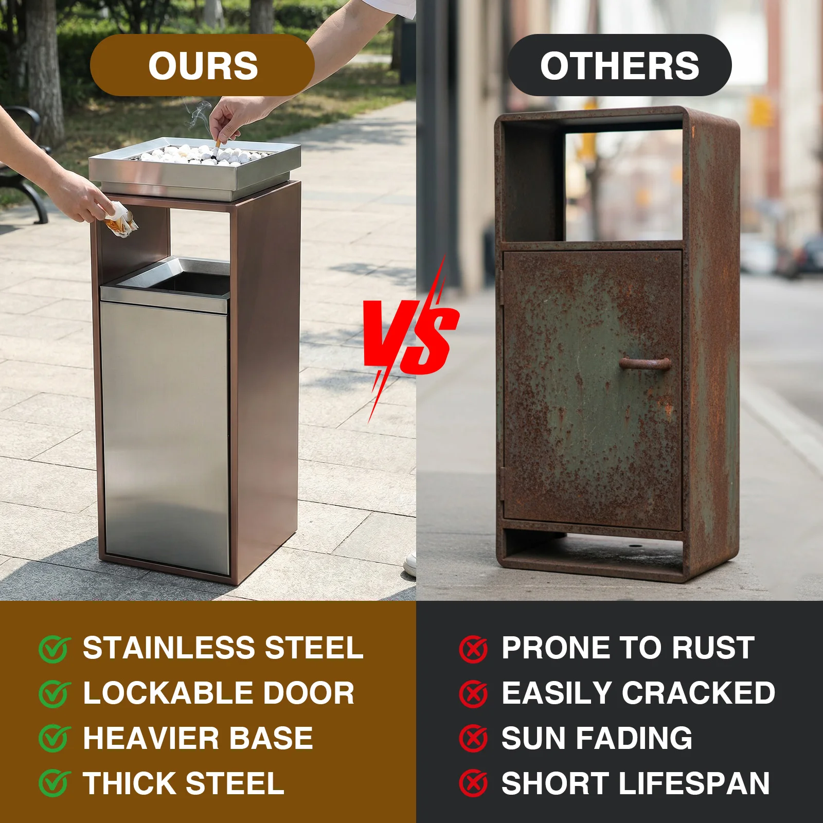 

Уличный коммерческий мусорный контейнер с пепельницей/крышкой и съемным внутренним ведром, 29.53x11.02x11.02 дюйма, для офиса, отеля, лобби, патио