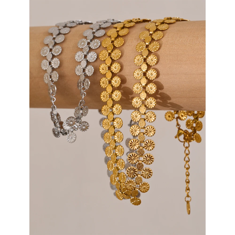 Yhpup  Stainless Steel Coin Flower Chain Fashion Vintage Necklace Bracelet Set Statement Charm Waterproof Gold Color Jewelry