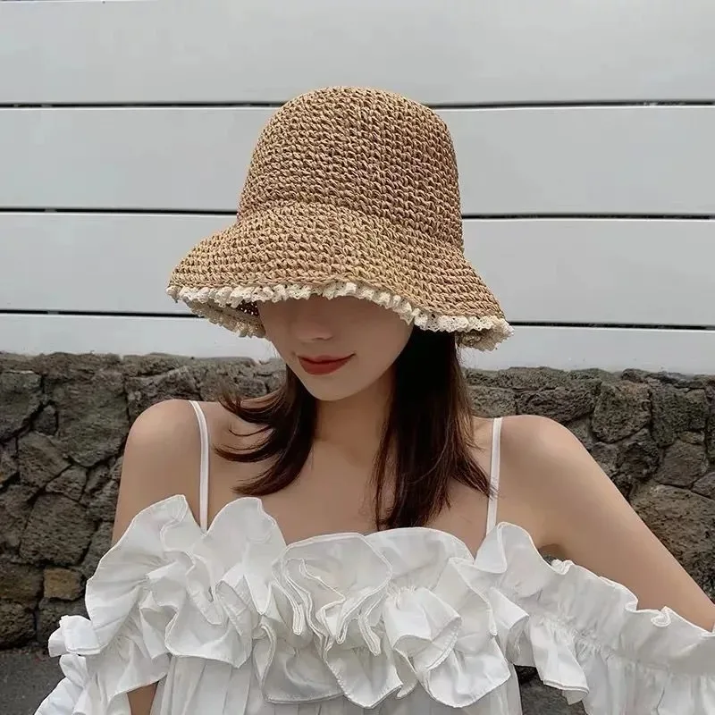 Women's Summer Sun Hat Foldable Hollow Lace Trim Straw Hat Girls Outdoor Travel Casual Fashion Straw Summer Cool Hat Bucket Hats