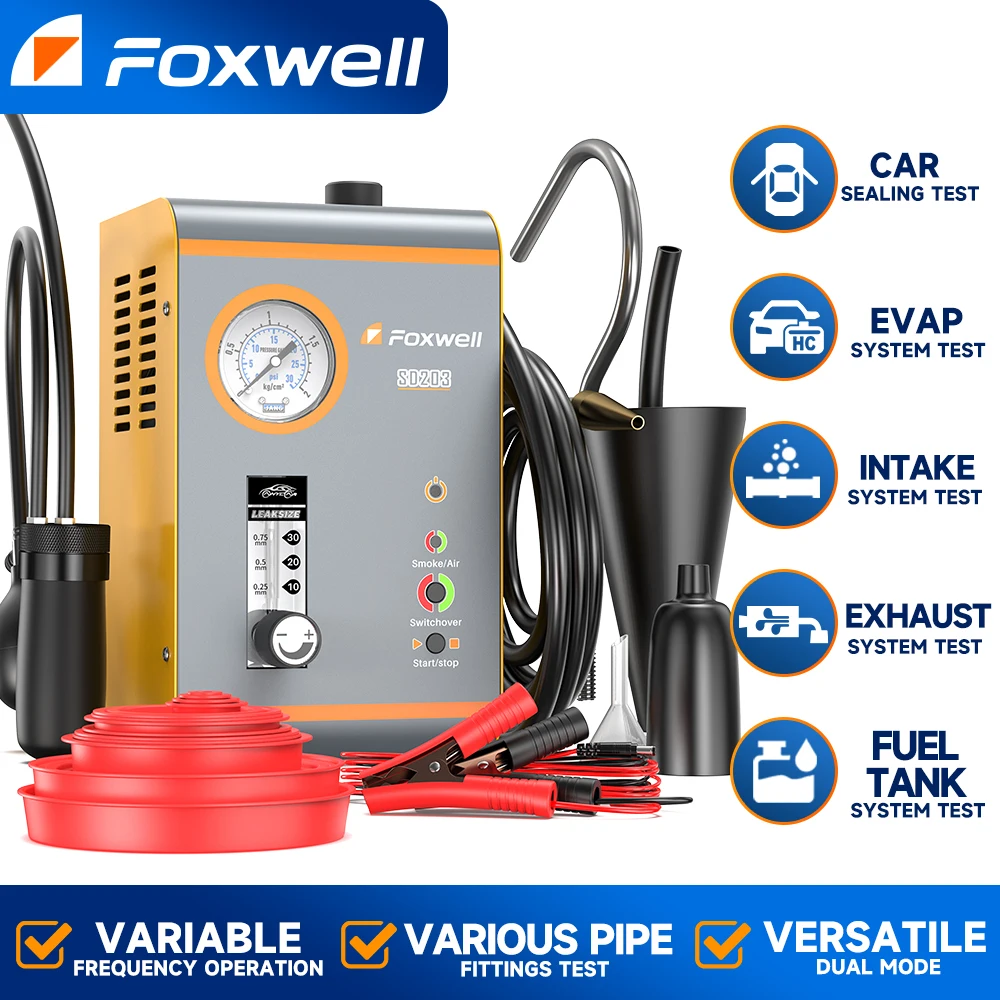 Foxwell SD203 Automotive Smoke Leak Detector Dual Mode Air & Smoke Test Built-in Air Pump 12V EVAP Vacuum Exhaust Pipe Leak Tester for Cars Motorcycles Trucks Boats Auto Repair Diagnostic Tool