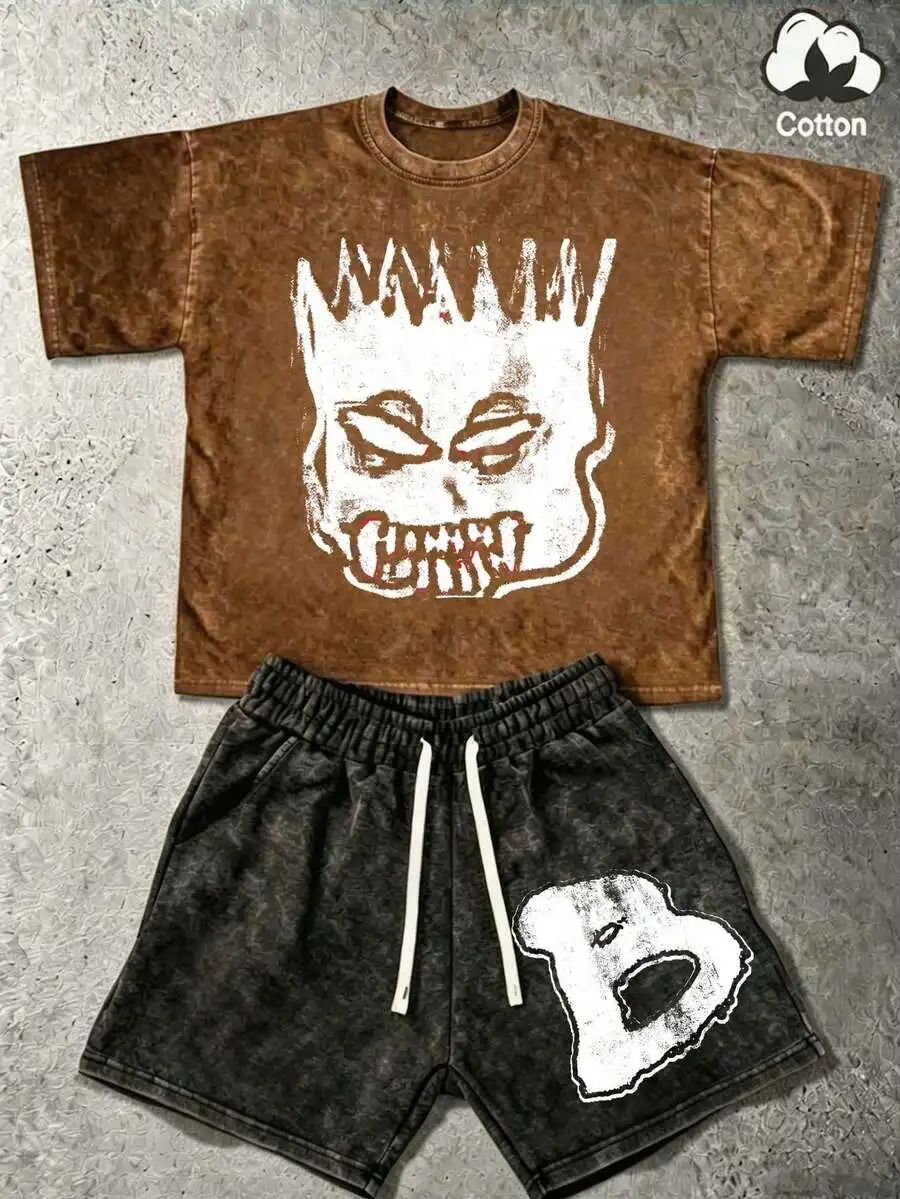 

Mens Washed Devil Face Tee And Shorts Set Streetwear Cotton Summer Casual Outfit
