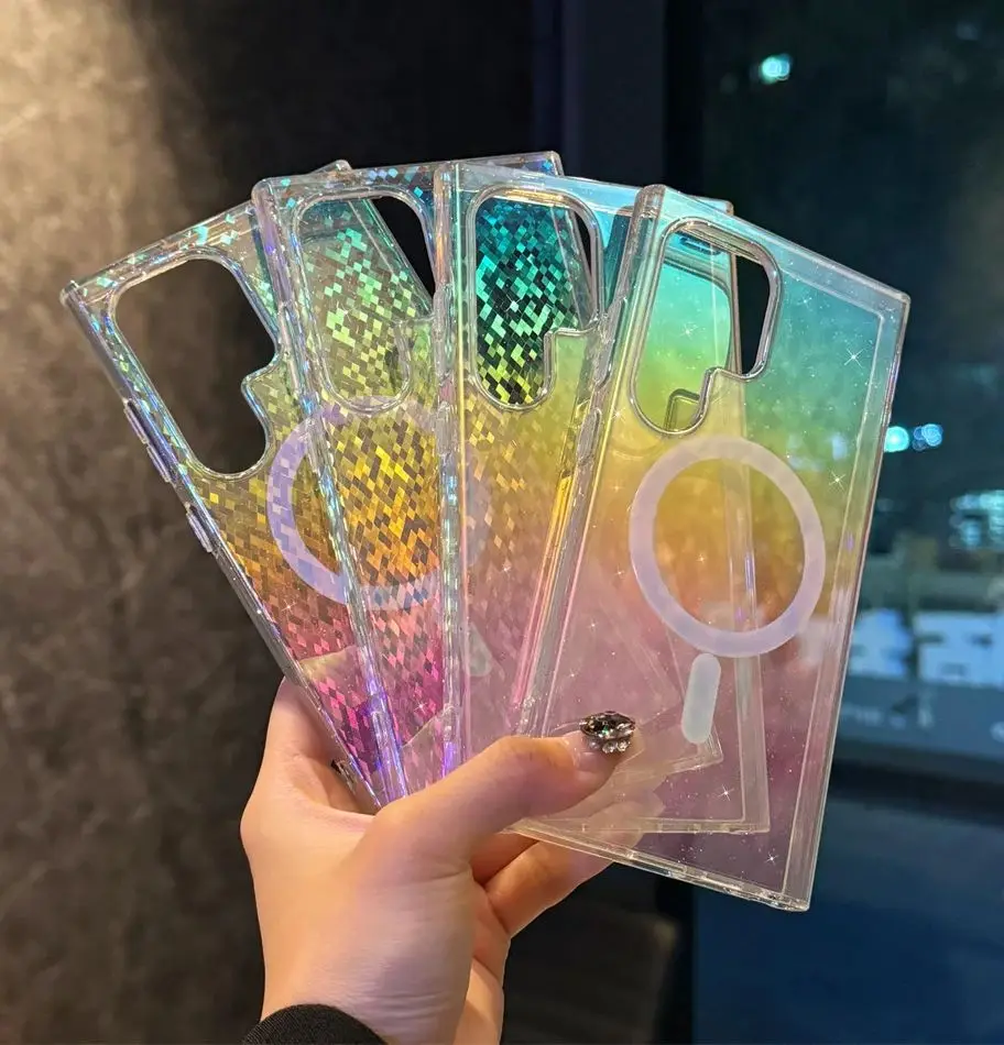 Градиентная блестящая магнитная беспроводная зарядка для чехла Magsafe для Samsung Galaxy S25 S24 S23 S22 Ultra Plus FE Clear Cover