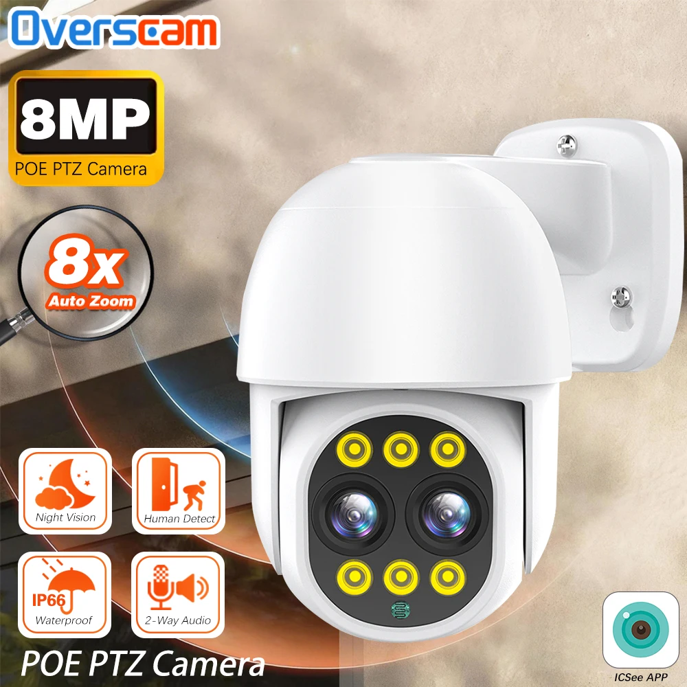 

4K 8MP IP-камера с двумя объективами и POE ONVIF для NVR, уличная водонепроницаемая 8-кратная PTZ-зумная IP-камера видеонаблюдения, интеллектуальная IP-камера ICSEE HD
