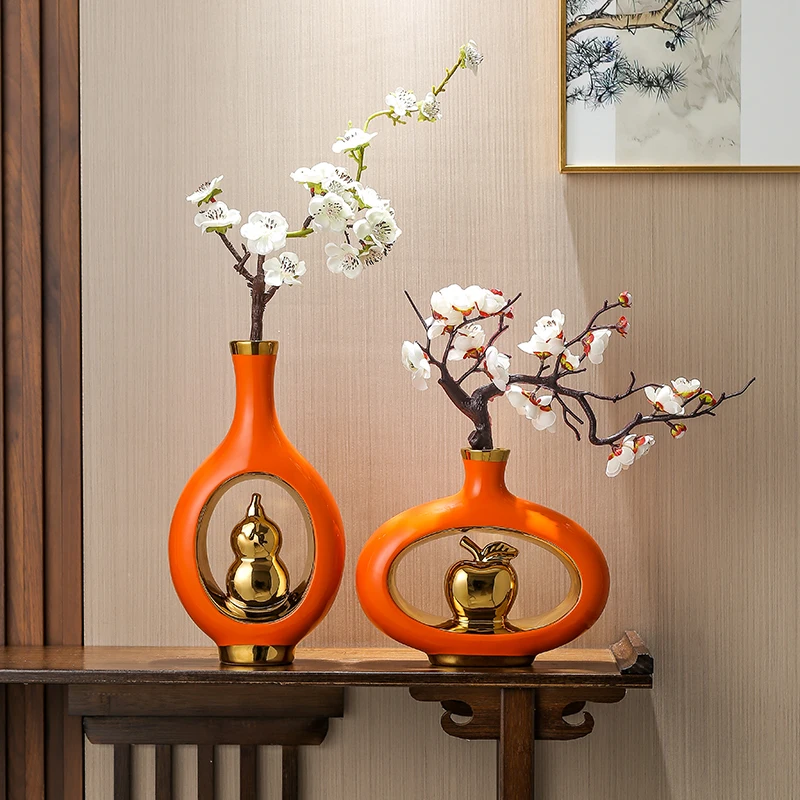 Chinese Style Creativity Ceramic Vase Wooden Frame Retro Openwork Vase Modern Home Flower Arrangement Decoration Flower Vases