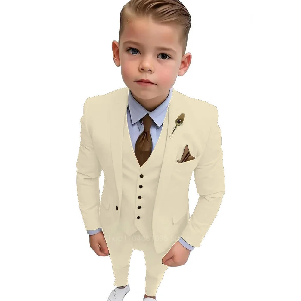 

Beige High Quality Boy Suits Slim Fit Single Breasted Notch Lapel Elegant Boy 3 Piece Jacket Pants Vest Formal Kids Party Sets