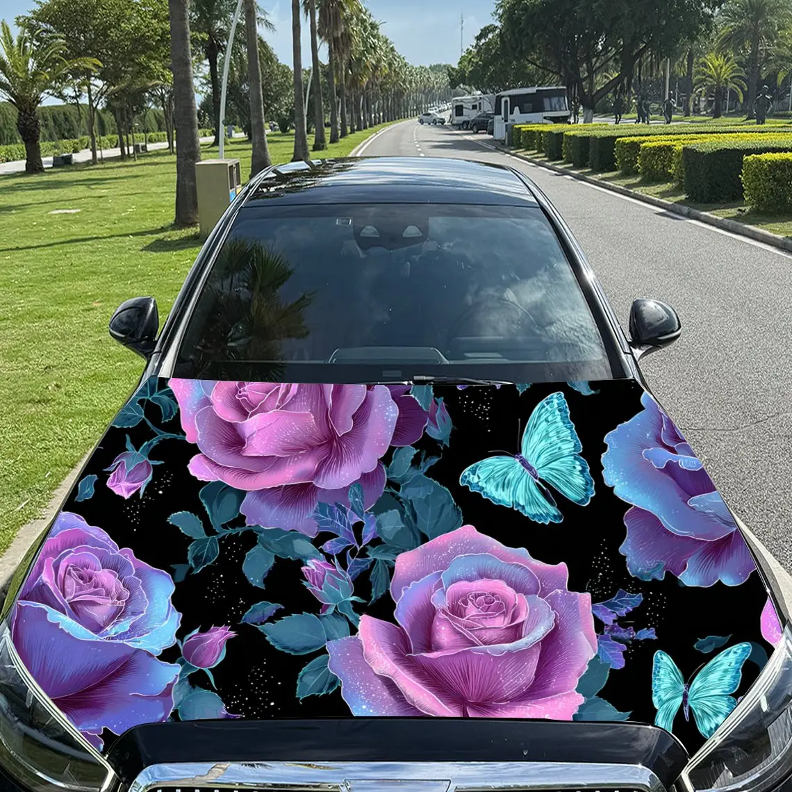Pink-purple Rose with Blue Butterflies Print Car Hood stickers , PVC Material Multifunctional Car Hood Stickers, Scratch-Resista