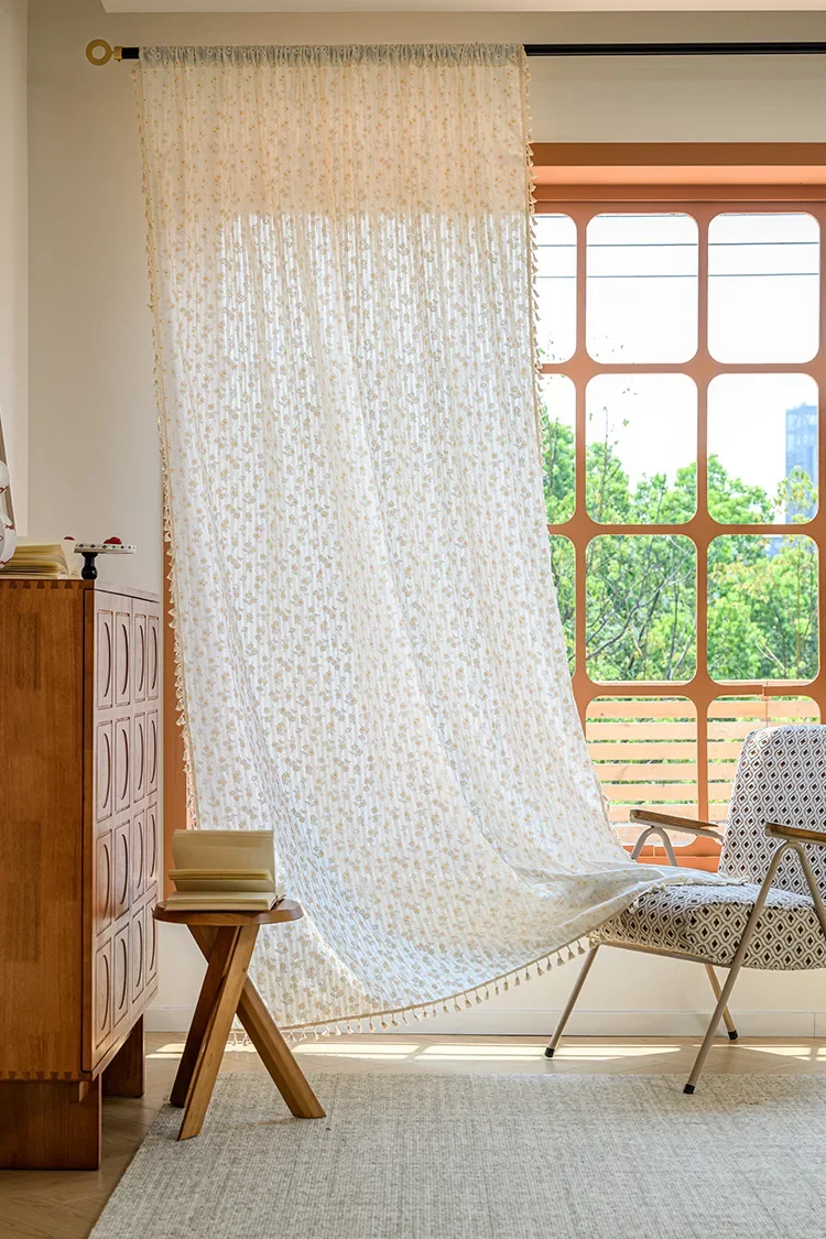 Boho Daisy Floral Cotton Curtains with Tassels Rod Pocket Kitchen Curtain, Living Room Farmhouse Rustic Bohemian Window Curtain