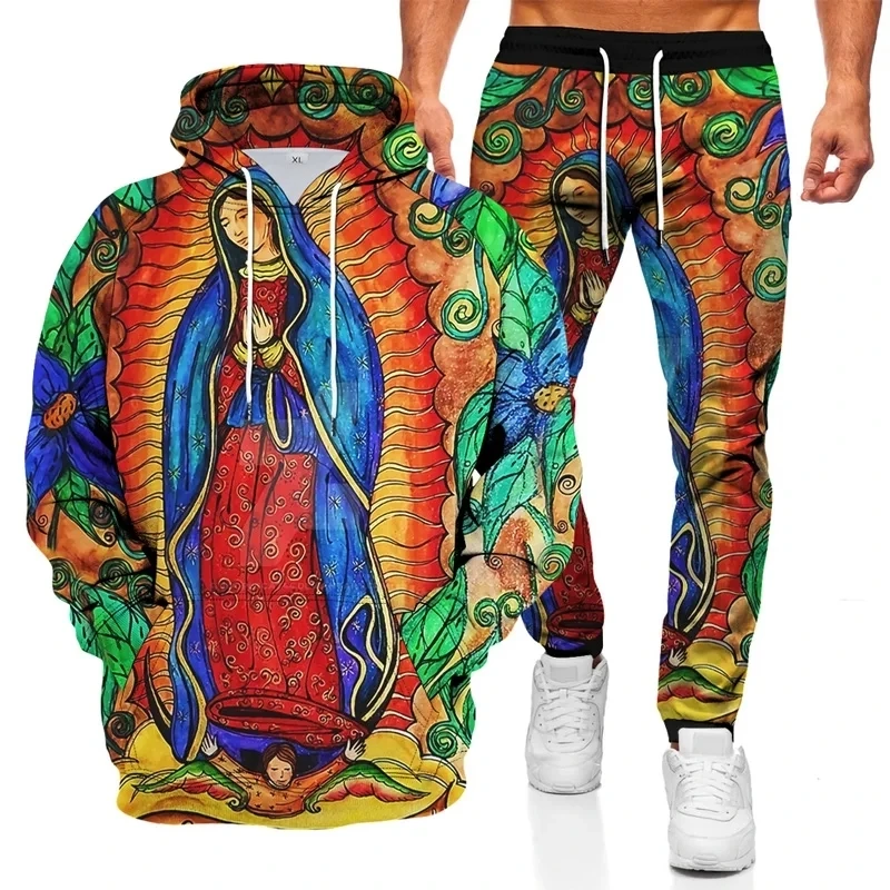 Sudadera con capucha de retrato indio para hombre, Conjunto de sudadera con estampado 3D de Dios, jerseys de María, pantalones casuales Harajuku