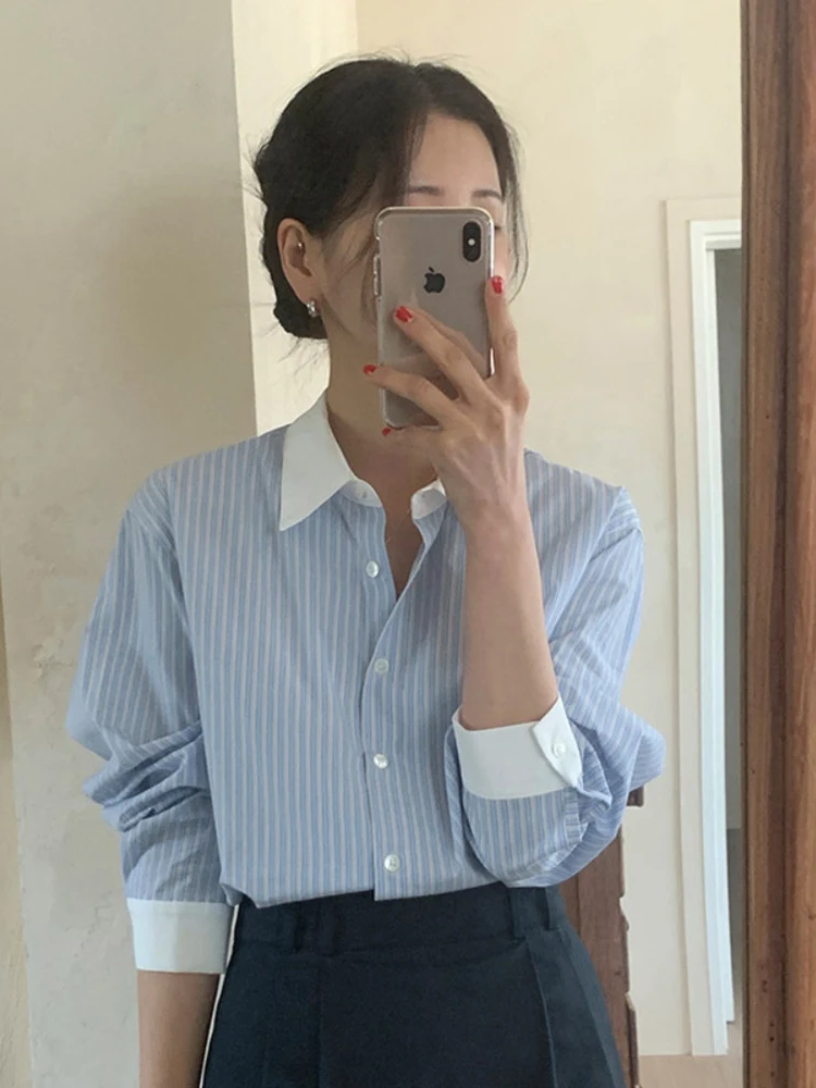 Striped Shirt Women Contrast Color Casual Blouse Female Lapel Long Sleeve Chic Shirts Ladies Fashion Loose Office Shirt Spring