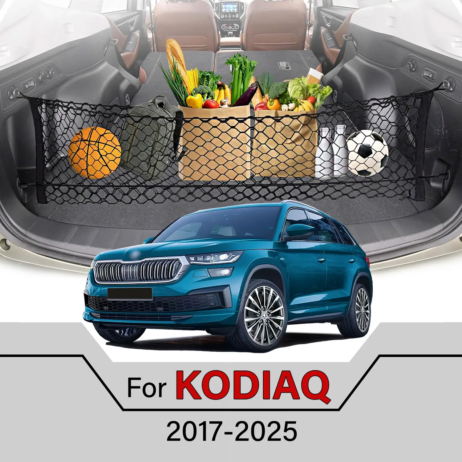 Rozciągliwa siatka bagażowa do samochodu, gadżety samochodowe, regulowana elastyczna siatka do bagażnika z haczykiem do Skody KODIAQ 2017-2025
