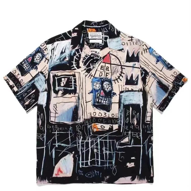 Trend Colour Blocking Graffiti Hip Hop WACKO MARIA Mens Womens Hawaii Japanese Tide Retro Short Sleeve Shirt