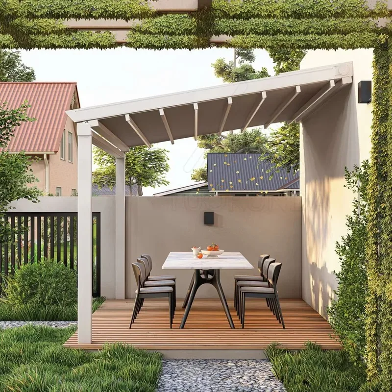 Modern Minimalist Outdoor Electric Folding Telescopic Roof Awning with LED Light PVC Aluminum Frame Waterproof Terrace Canopy