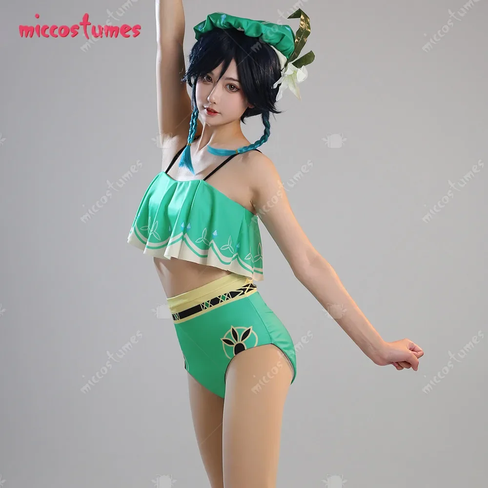 Women's Two-Piece Swimsuit Green Prints Bathing Suit Ruffle Top and High Waist Style Panty Swimwear