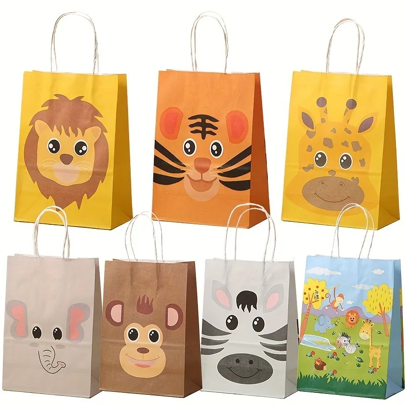 

Cute Animal Pattern Kraft Paper Bags with Handle Kids Party Favor Bags Children Gift Packaging for Birthday Baby Shower
