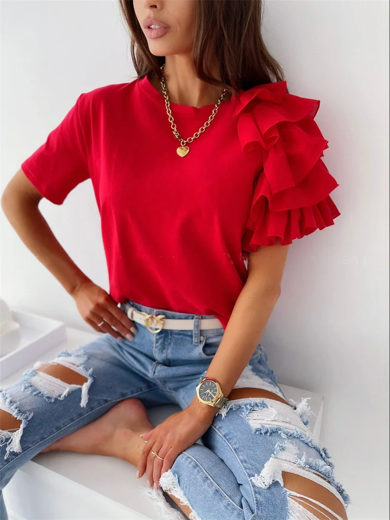 Damska letnia koszulka z krótkim rękawem z falbankami Eleganckie eleganckie topy z dekoltem w szpic Casual Simple All Match Tee Streetwear Blouse