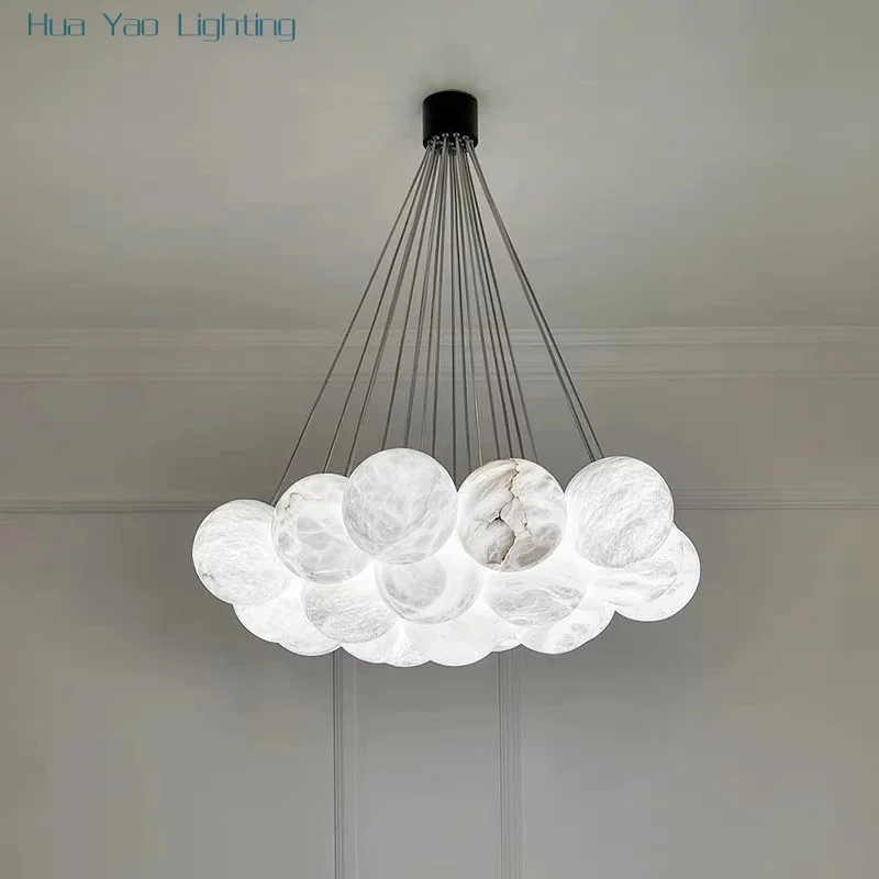 Rich Texture/White Marble Balls Chandelier Luxury Led Stone Hanging Lamp High-End Chandeliers For Villa Duplex Room Decoration