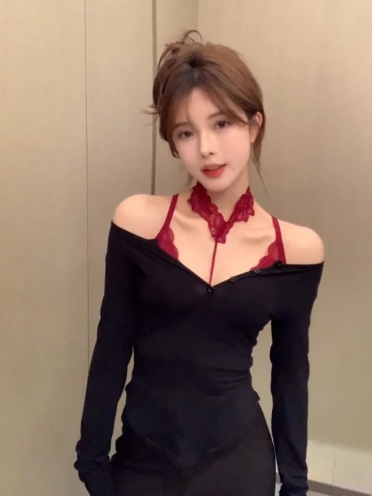 

2025 Spring Two Pieces Set Women Grunge Slim Fit Solid Single Breasted Tops + Sleeveless Halter Lace Vest Y2k Aesthetic Grunge