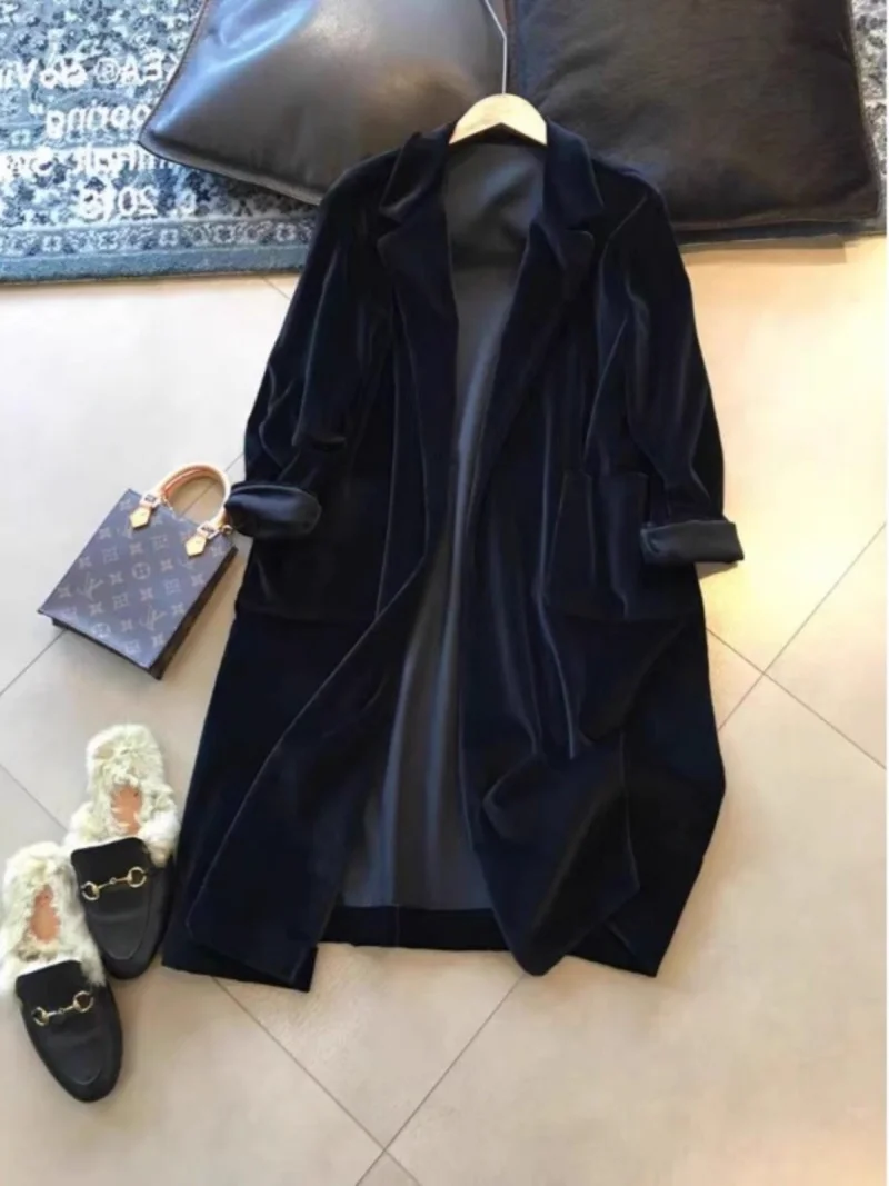 Chaqueta americana de terciopelo francesa de gama alta para mujer Otoño Invierno moda elegante suelta versátil traje cuello abrigo de longitud media W313