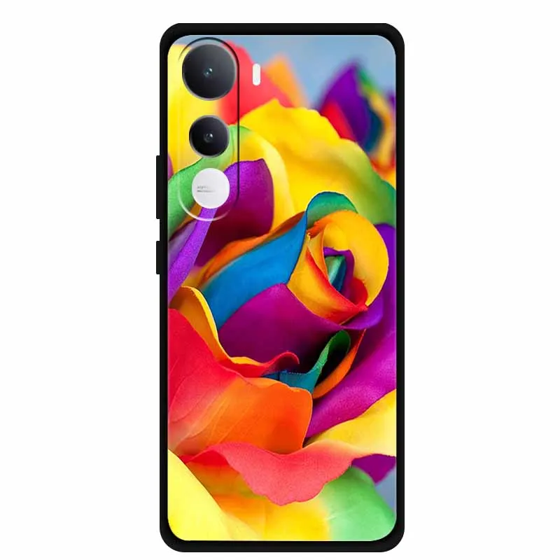 Casing HP Vivo Y400 4G Motif Bunga Lukis Hitam Silikon Lembut Penutup Belakang HP Untuk Vivo Y400 5G 2025 TPU Pelindung Fundas Para