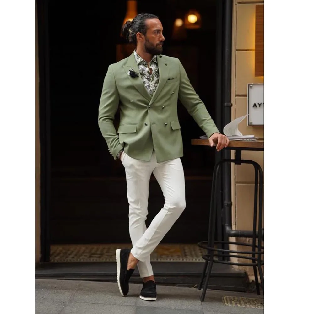 Luxury Men Suits Green Blazer White Pants Formal 2 Piece Jacket Pants Outfits Bespoke Party Male Clothing Terno Costume Homme