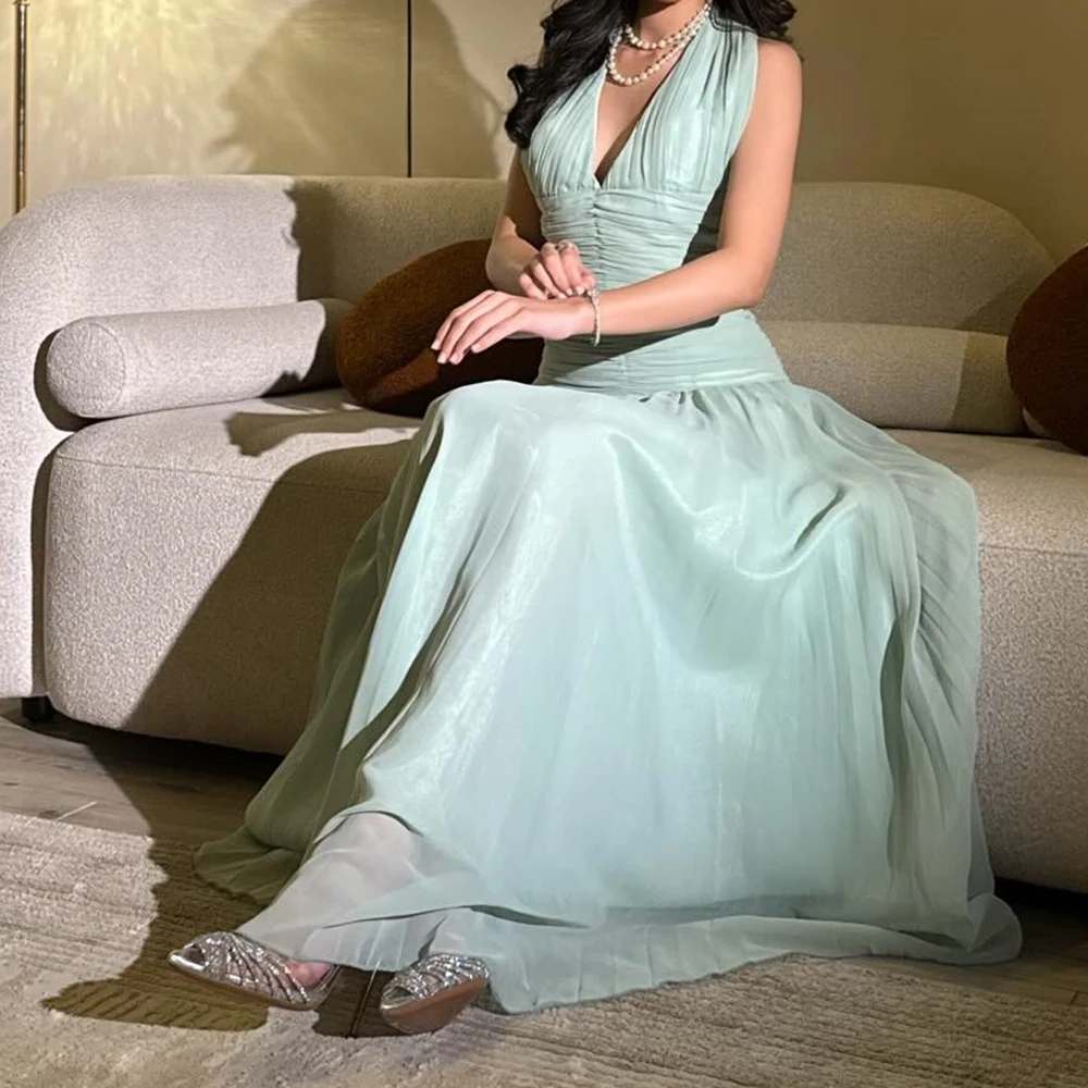 Robe de soirée trapèze personnalisée, longueur cheville, col en v, sans manches, robe de bal plissée, Simple, drapée, dos nu, à la mode