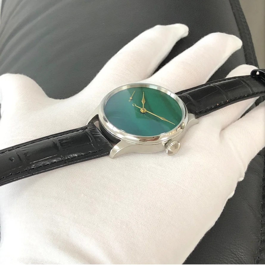 Reloj mecánico Manual ST3600, esfera Tianshu Fritillary verde Natural de 41Mm de diámetro pequeño, correa de piel de vaca