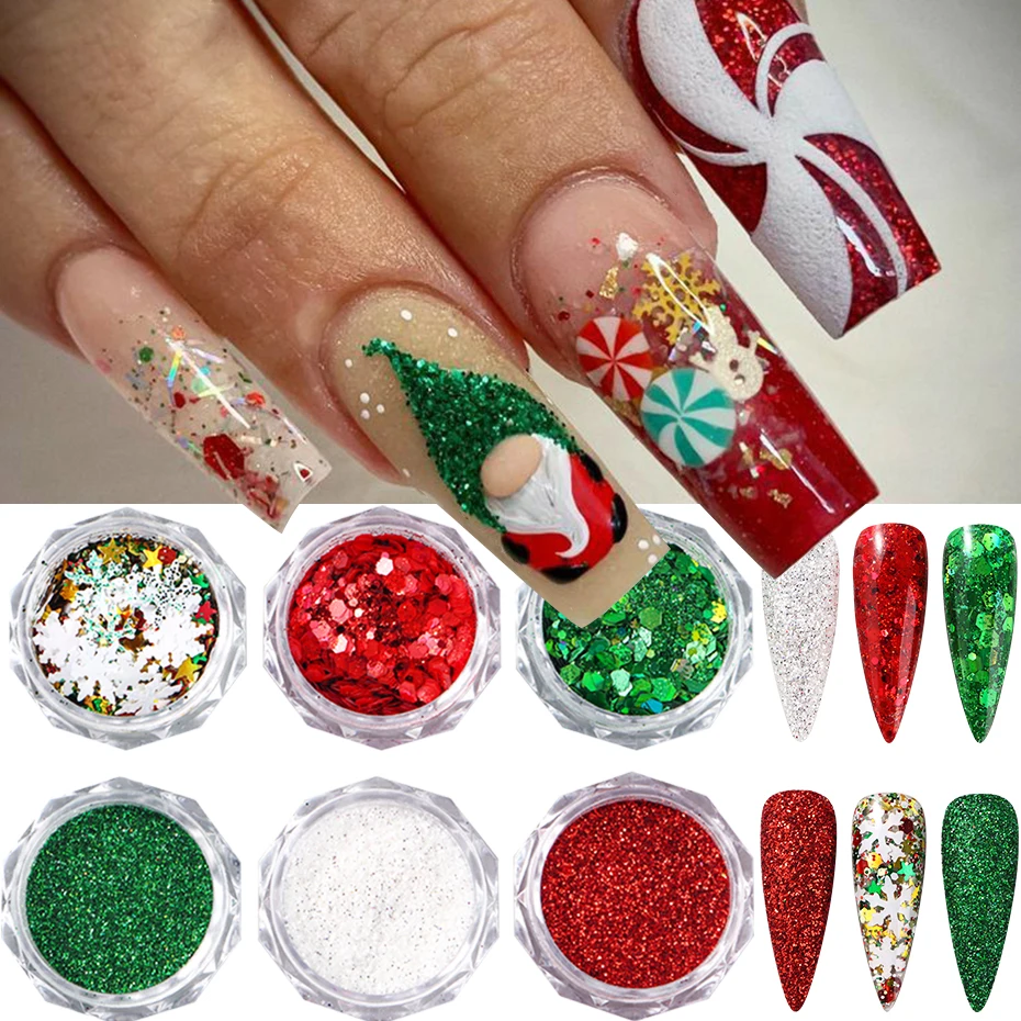 6 Colors Christmas Sequins Glitter Snowflakes Red Green Hexagon Powder Pigment Dust for Christmas Winter DIY Manicure Decoration