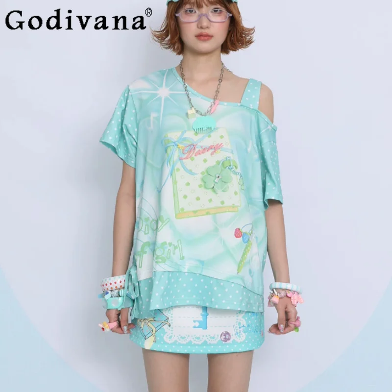 Sweet Green Slanted Shoulder Loose Short Sleeve Print Japanese T-shirt Summer Fashion Versatile Age Reduction Cute Fun T-shirts