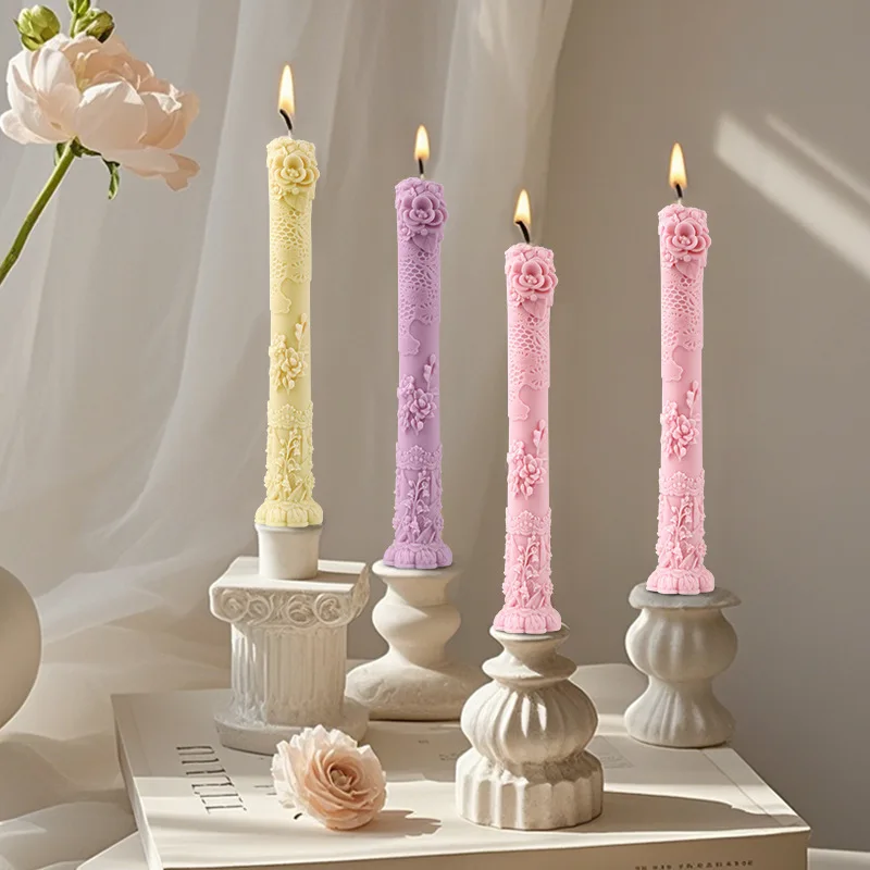 

3D Relief Pattern Long Scented Candle Silicone Mold, DIY Long Rod Retro Plaster Production Supplies, Wedding Banquet Table Decor