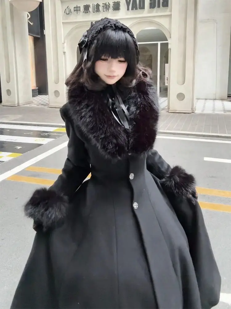 Gothic Classical Lolita Wool Coat Women Fur Collar Bow Decor Ruched Waist Slim Fit Long Winter Warm Elegant Party Outfit 2026