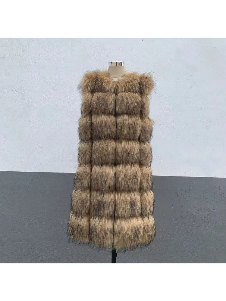 

French Retro Classic Fashion Khaki Square Splice Faux Fur Simple Gorgeous Elegant Winter Dating Commute Comfortable Vest Jacket