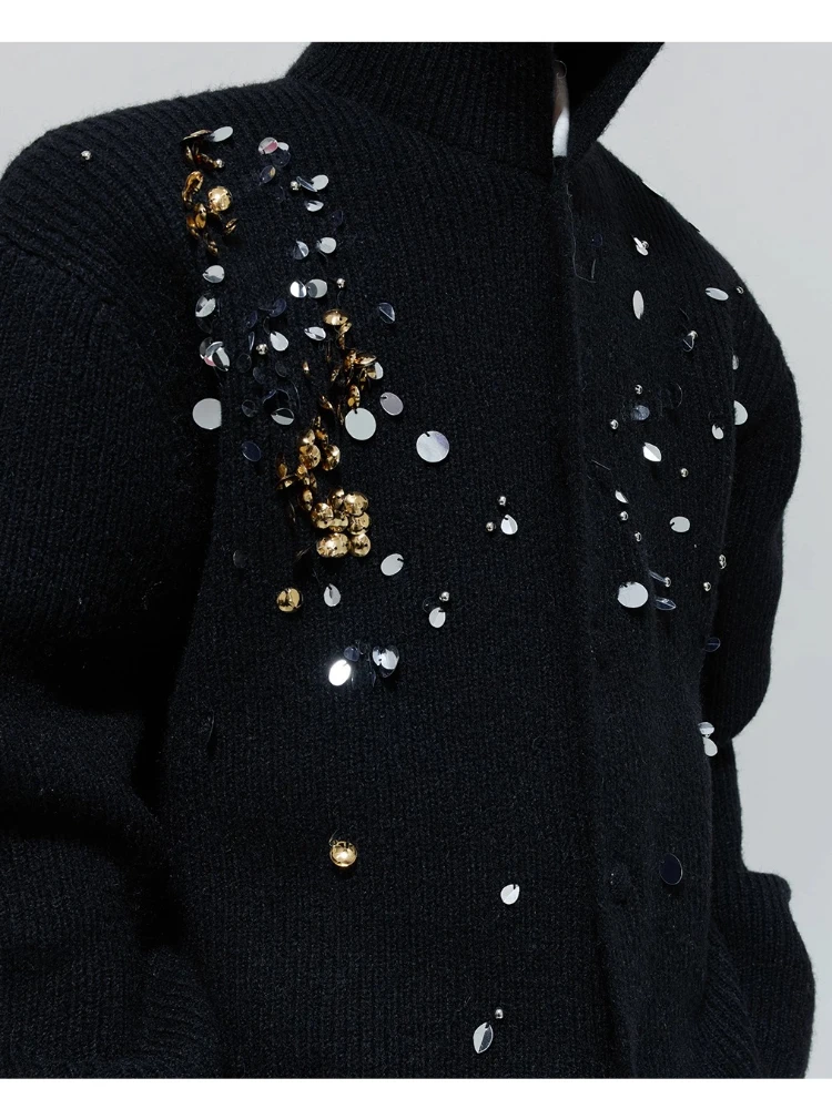 French Fashion Trend Heavy Sequin Cardigan High Neck Sweater Loose Casual Stylish Boy Ins Knitted Sweater