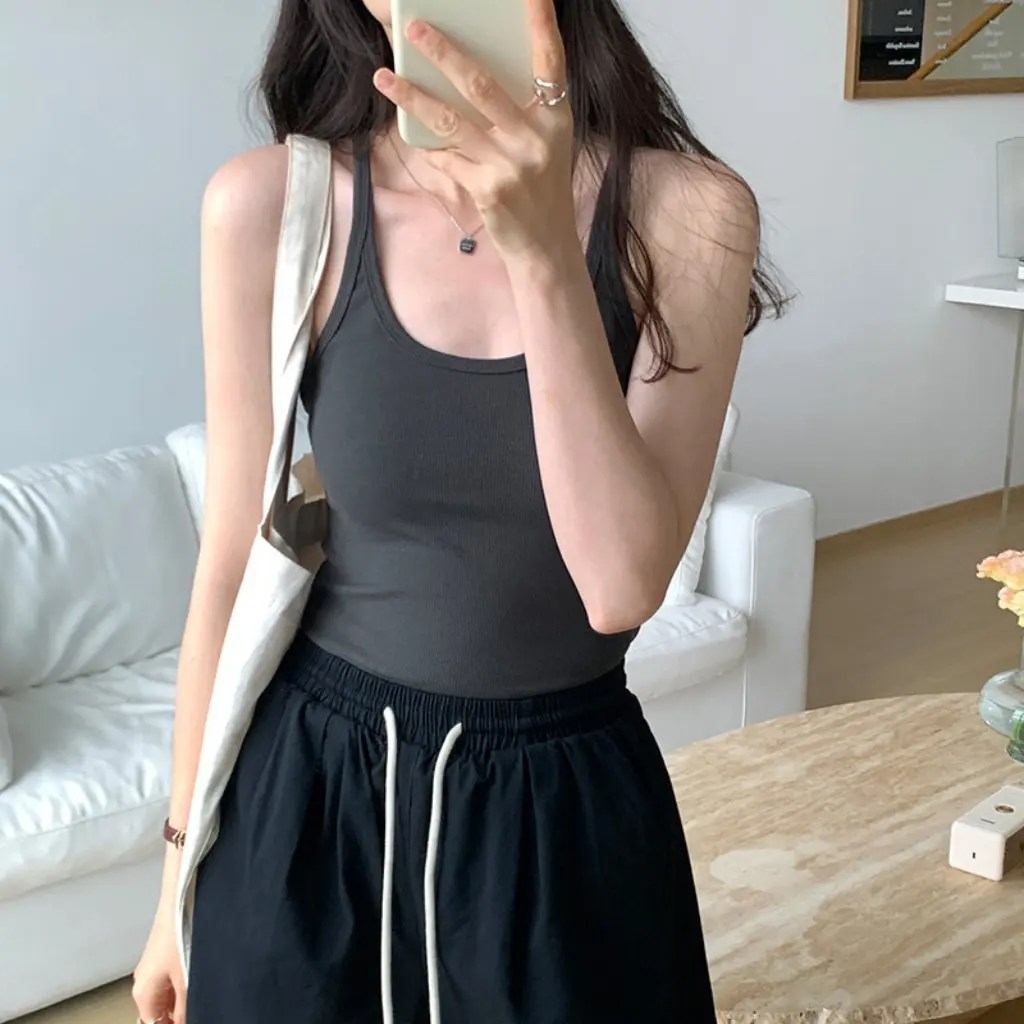 

Women's Slim Fit Threaded Vest Suspender Hot Girl Style Outer Wear Summer Top No Breast Pad Design Fashionable Inner