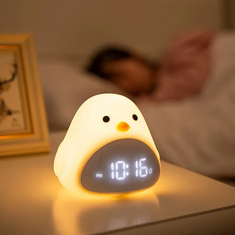 

C2 Night Light Table With Alarm Clock Digital Big White Penguin Touch Kid Sleep Silicone Lamp Rechargeable Portable And Dimmable