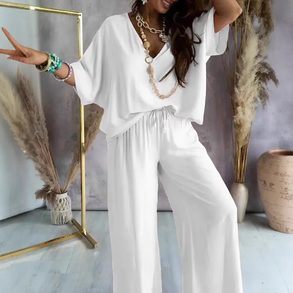 Conjuntos de 2 piezas para mujer, blusas de manga corta con cuello en V y pantalones de cintura alta de pierna ancha para vacaciones y playa, NMD-3032