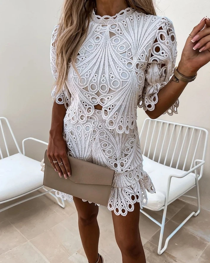 

Two Piece Set Women Outfit 2024 Summer Fashion Mock Neck Guipure Lace Short Sleeve Top & Casual Plain Daily Shorts Set