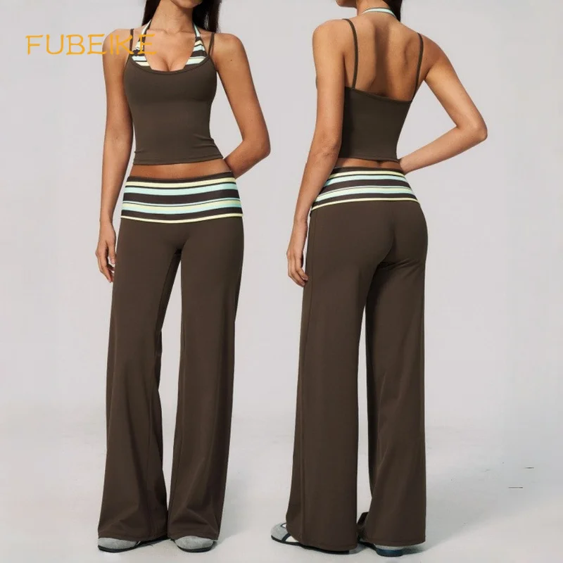 Women Yoga Outfit 2 Piece Set Halter Tank Top High Waist Striped Flared Pants Hip Lifting Fitness Suit Gym Workout Sportswear