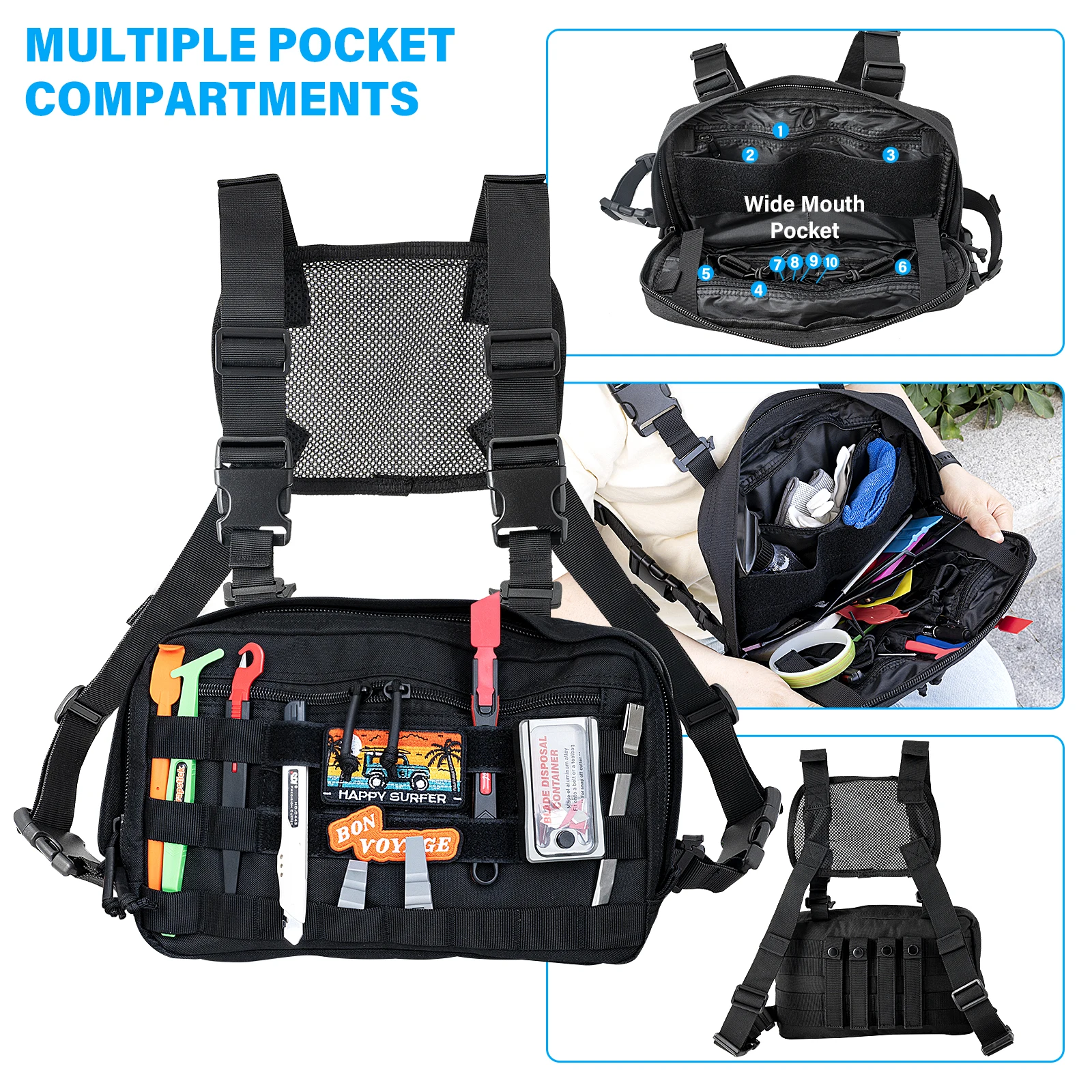 EHDIS Car Maintenance Scraper Chest Bag for Car Window Tint Wrapping Squeegee Tool Storage Multi-Functional Tool Bag Vest Bag