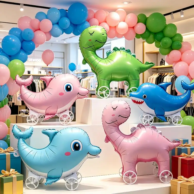 Cartoon Animal Stand Walking Balloon With Wheels Inflatable Cute Santa Claus Foil Balloon For Festival Party Decor Kids Gift