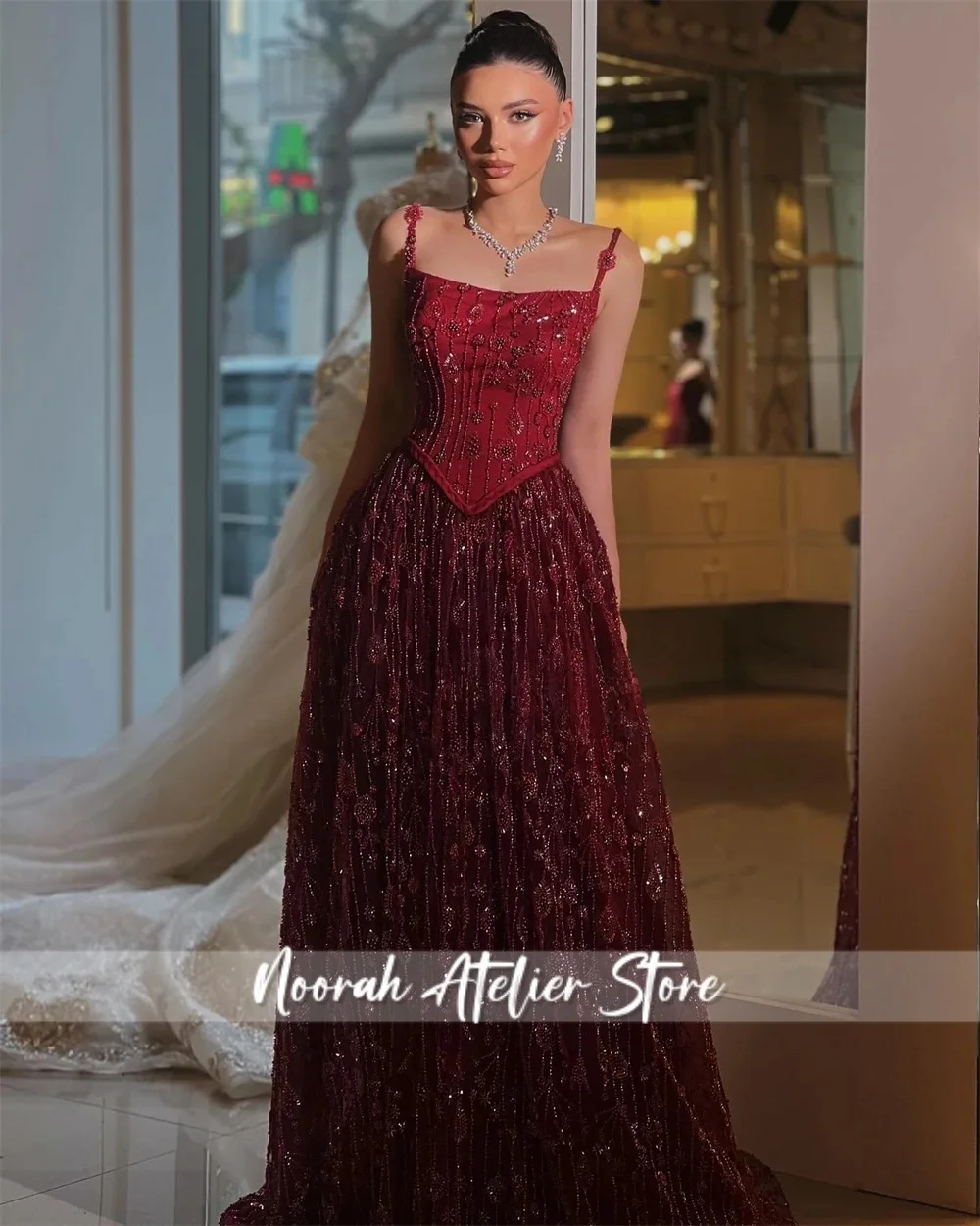

New Red Halter Beading Tassel New Luxury Women Evening Dresses 2025 Dubai Aline Long Party Gown Crepe Vestidso Customized