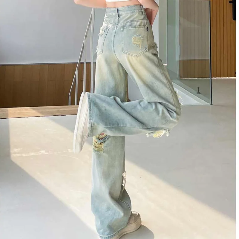Blast Street High Waist Ripped Jeans Women's Slimming Wide-Leg Pants Summer 2026 Design Sense Dipped Narrow Denim