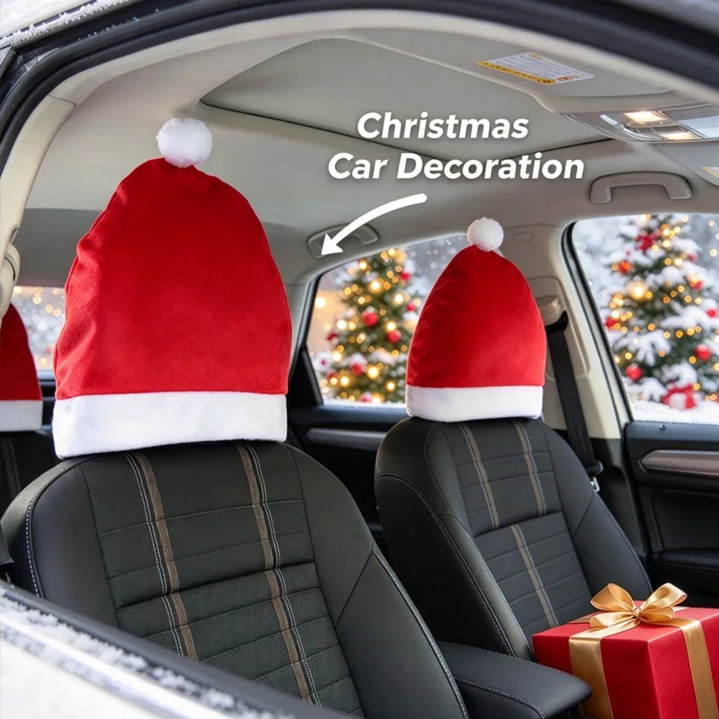 Christmas Car Headrest Cover Santa Hat Decoration Seat Protection Accessory for Auto Interior Holiday Ornaments and Gift Festive