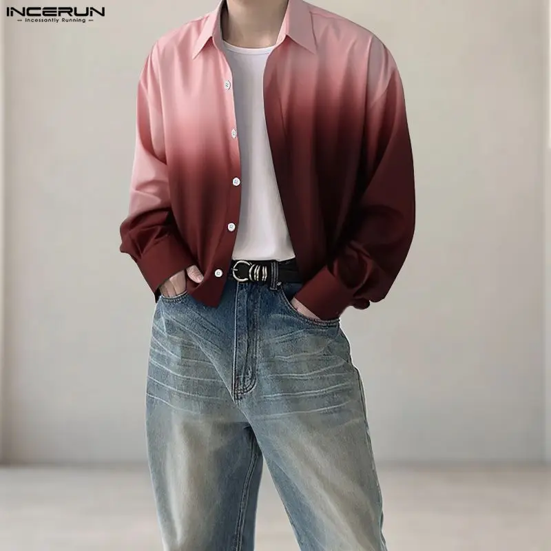 INCERUN Men Shirt Tie Dye Gradient Lapel Long Sleeve Men Clothing Loose Streetwear Korean Style Fashion Casual Tops Male Shirts