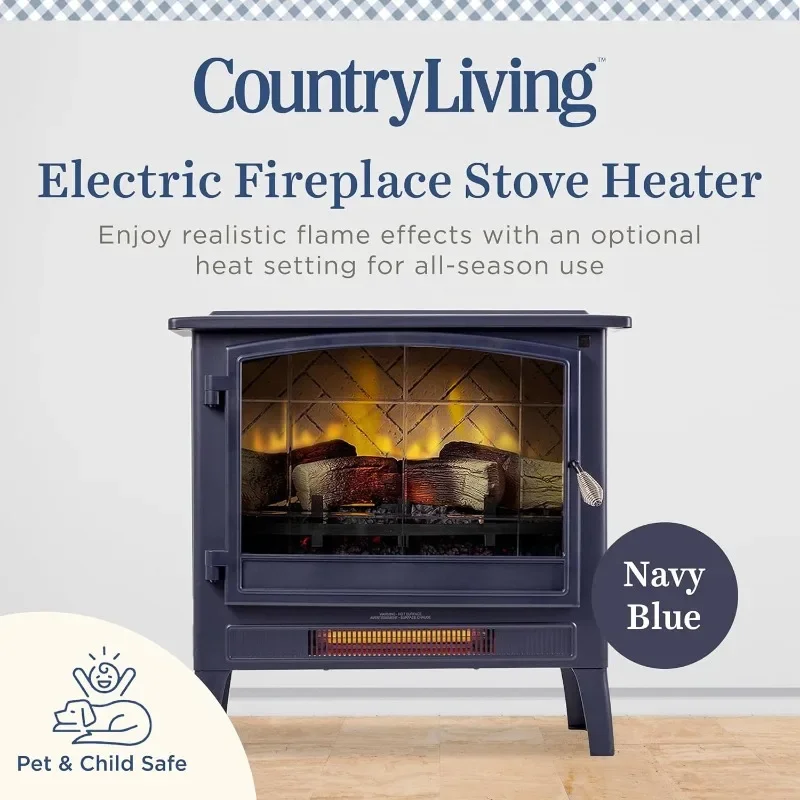 Infrared Freestanding Electric Fireplace Stove Heater in Navy Blue | Provides Supplemental Zone Heat with Remote