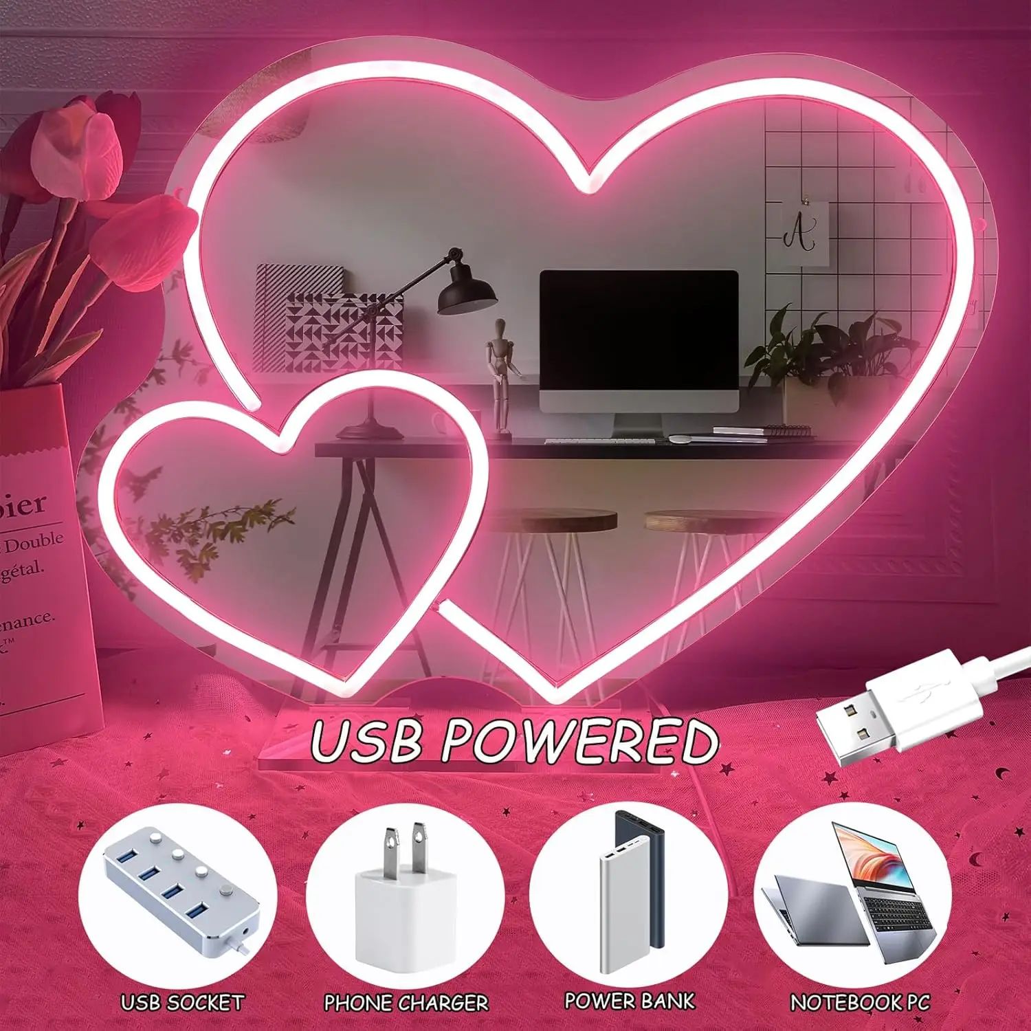 Lampu Neon Hati Cermin Dapat Diredupkan Lampu Neon Cinta untuk Kamar Tidur Kamar Anak Perempuan Pesta Ulang Tahun Studio Toko Cermin Rias Anak Dekorasi Dinding