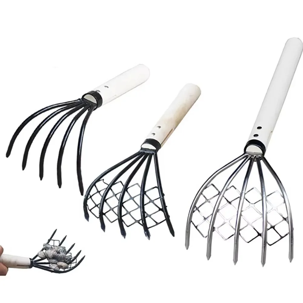 2026 Clam Rake With Net 5 Claw Wood Handle Rake Shell Digging Tool Dig Seafood Accessories Weeding Farming Tool Wood Handle