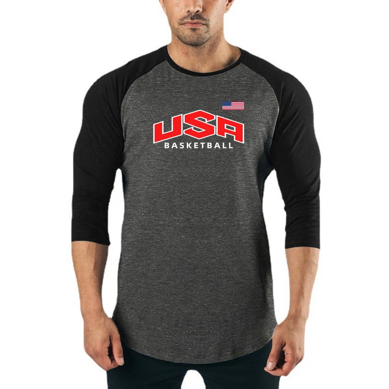 Mens Fitness Three Quarter Sleeve T-shirt Fashion Training Sport Clothing Cotton Breathable Shirt Slim Fit Gym Bodybuilding Tops