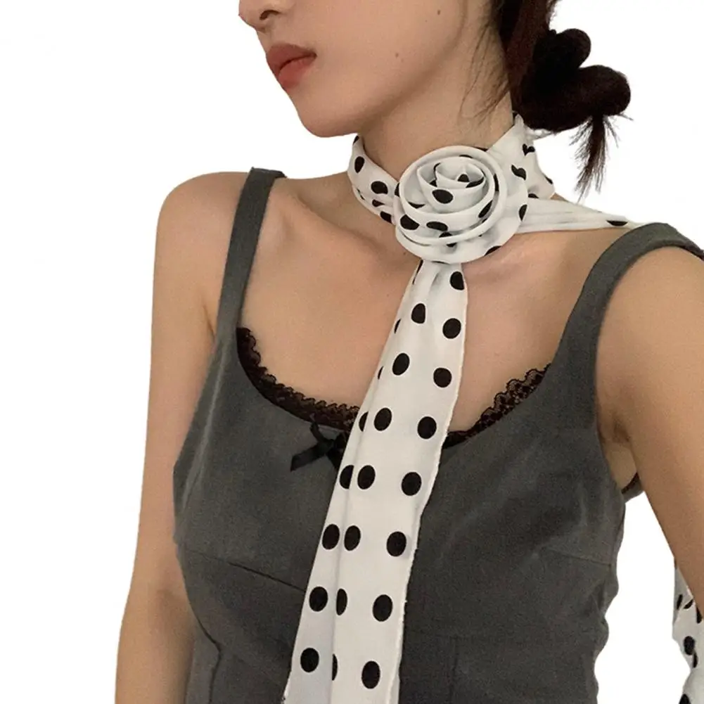 Satin Scarf with Rose Decoration Satin Neckwear with 3d Rose Decoration Vintage Rose Flower Chiffon Sheer Scarf for Women