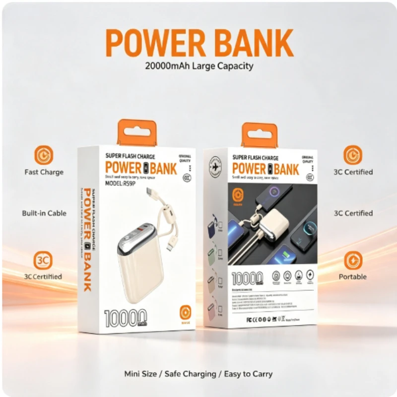 66W CCC 20000mAh Mini PowerBank Super Fast Charging Built-in USB-C Cable PD3.0/QC3.0 Certified Portable Charger Travel-Friendly
